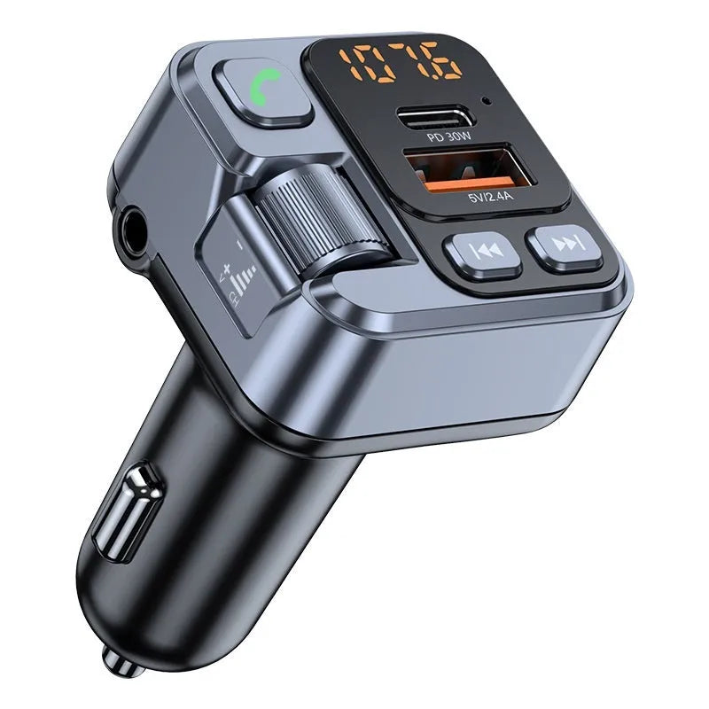 Bluetooth car audio receiver with LED display and dual USB charging ports for vehicle installation