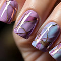 Purple striped nail stickers with European and American style medium length design