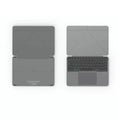Grey folding Bluetooth keyboard unfolded next to mobile phone showing 60-key layout and compact design