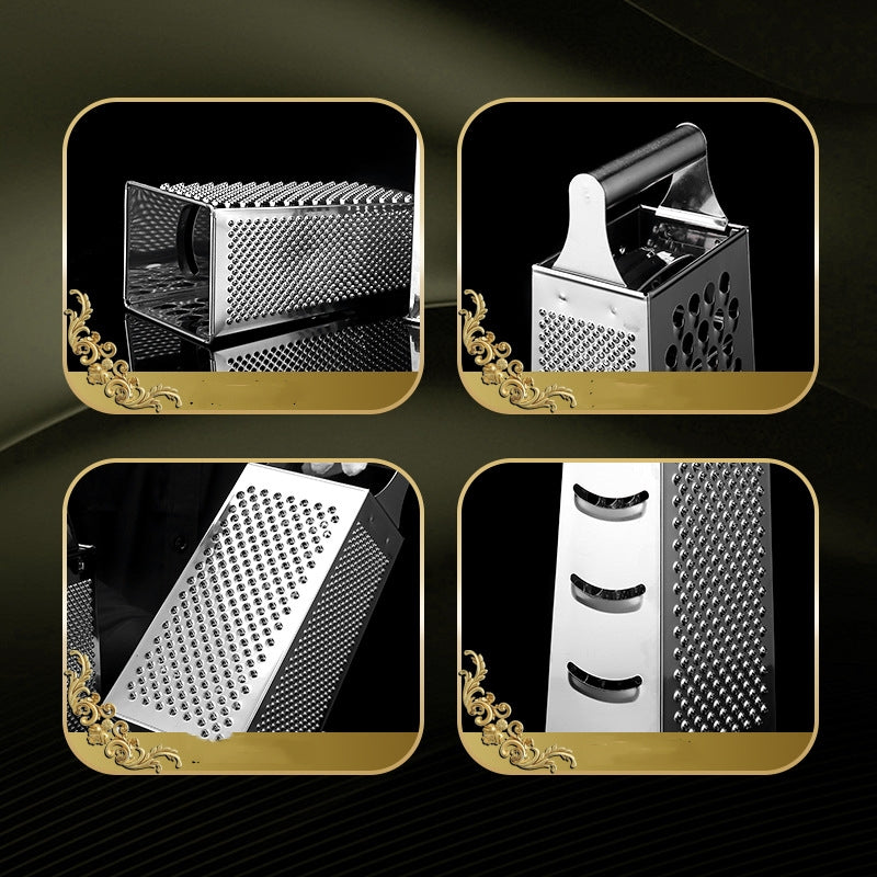 Stainless steel vertical grater with multifunctional design featuring interchangeable cylindrical and flat handles for secure grip during food preparation tasks