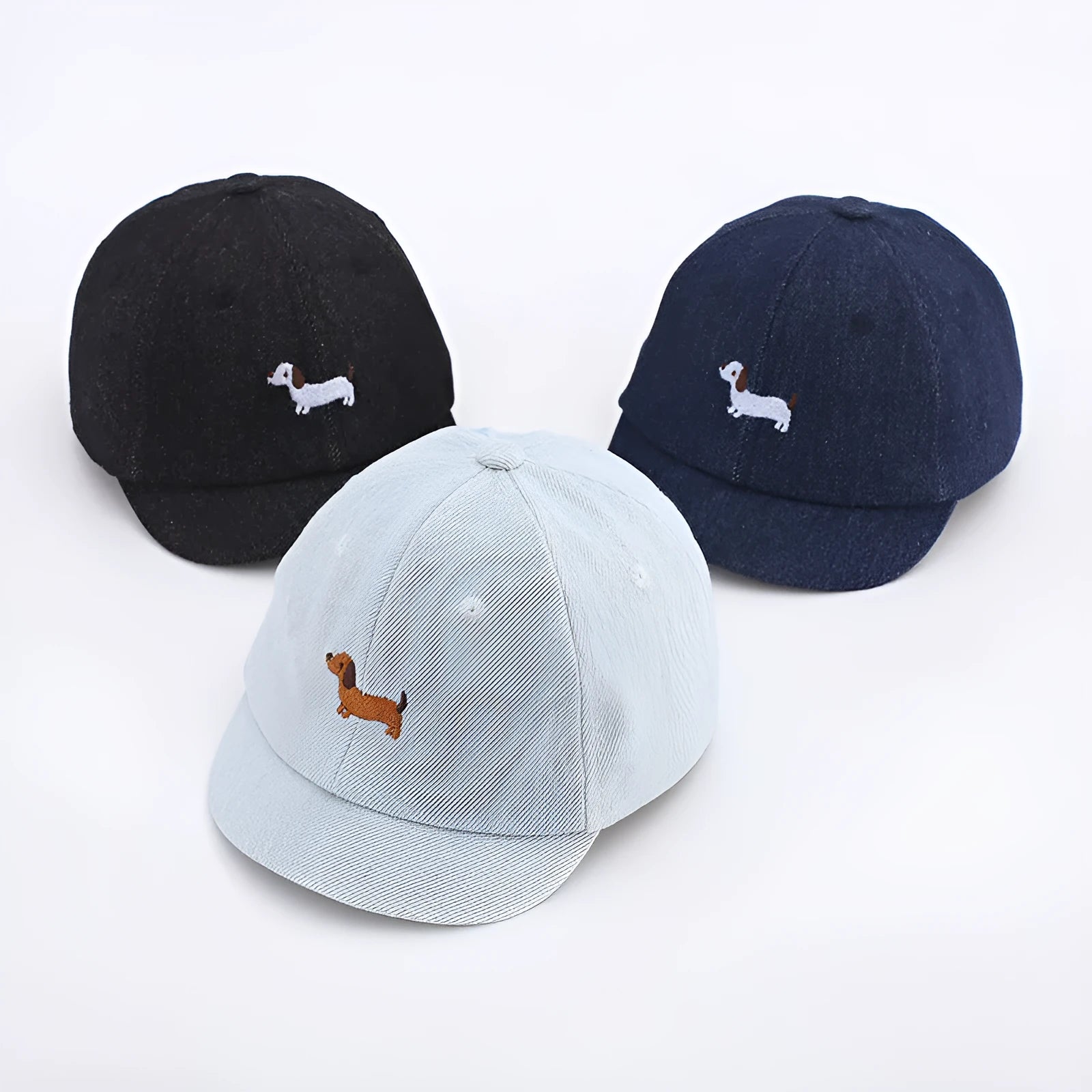 Denim baby baseball cap in light blue for sun protection, size 48cm.
