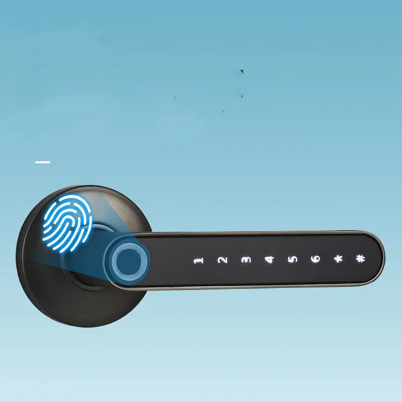 Black alloy smart lock with fingerprint sensor and Bluetooth app control for keyless door security