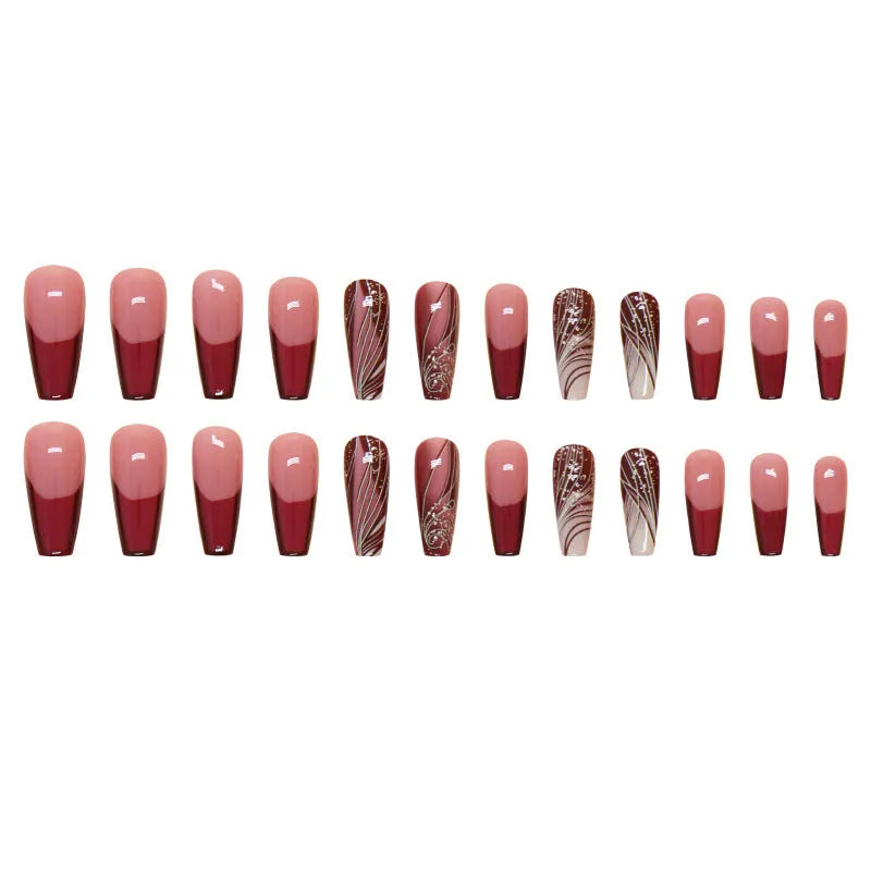 Pack of 24 French line pattern false nail stickers and glue tube on a white background.
