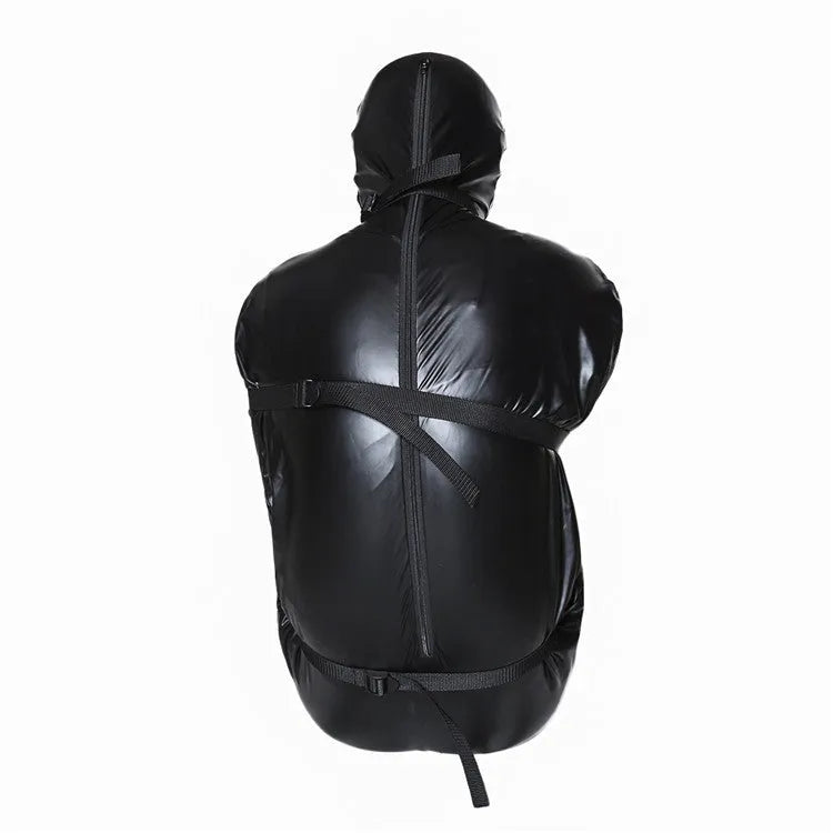 Black patent leather nostril clothing bondage set with six ratchet tie down straps