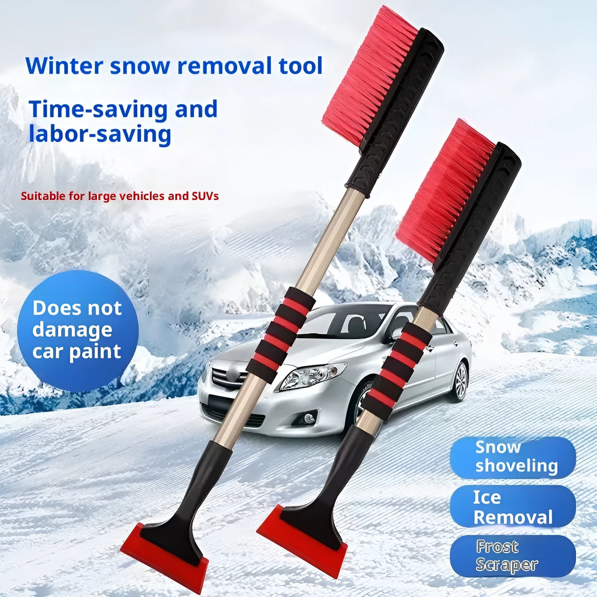 Alloy double-headed snow shovel scraper with telescopic or straight handle for car windscreen snow and ice removal