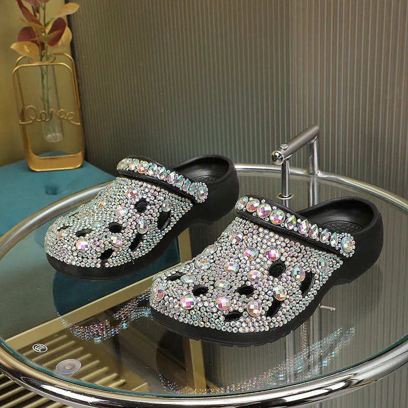 Black women's platform sandals with rhinestone details, perforated EVA upper, and 2cm thick sole