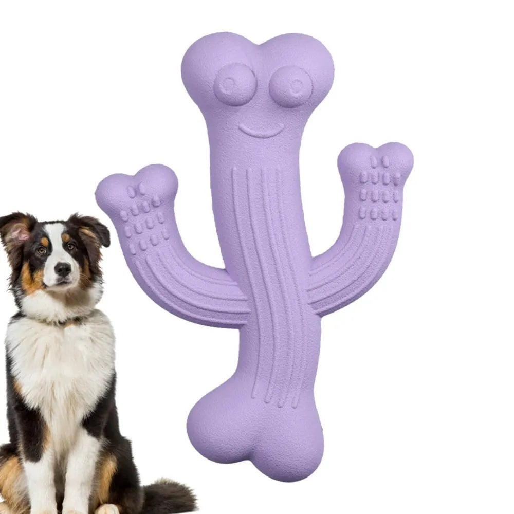Beige, blue, or purple cactus-shaped dog chew toy made from bamboo fibre and rubber shown in small and large sizes.