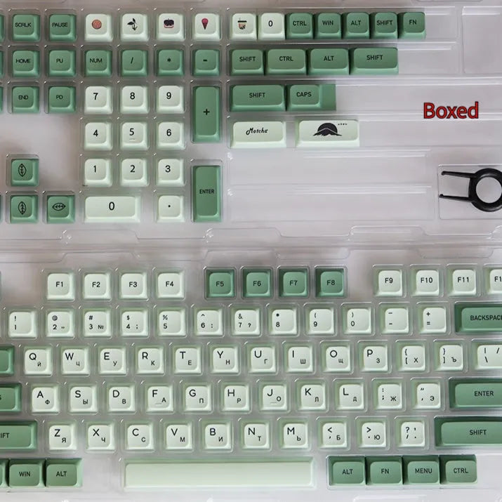 124 Matcha green PBT keycaps with white dye-sublimated legends, arranged in a keyboard layout.