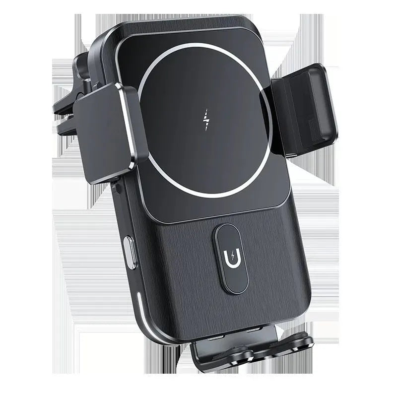 Car wireless charger phone holder with 15W fast charging in black, showing both suction cup and clip mounting options