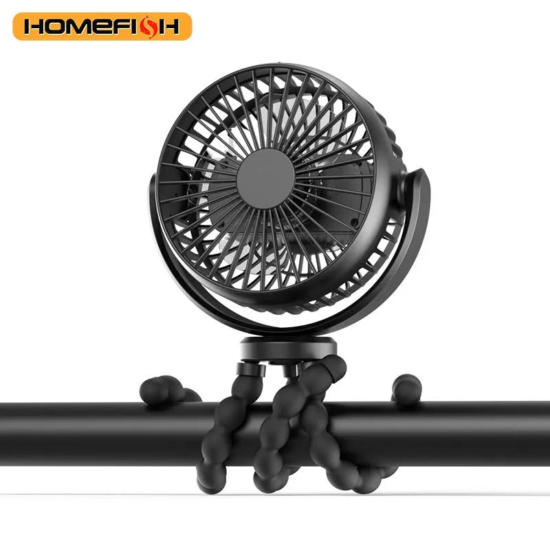 HOMEFISH F2 automatic shake head baby stroller fan with LED light and removable bracket on a stroller handle