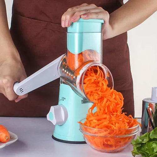Manual round mandoline slicer vegetable cutter with stainless steel blades in blue colour