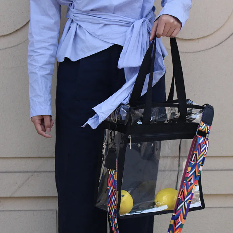 Women's transparent front PVC shoulder messenger bag in navy blue with adjustable straps
