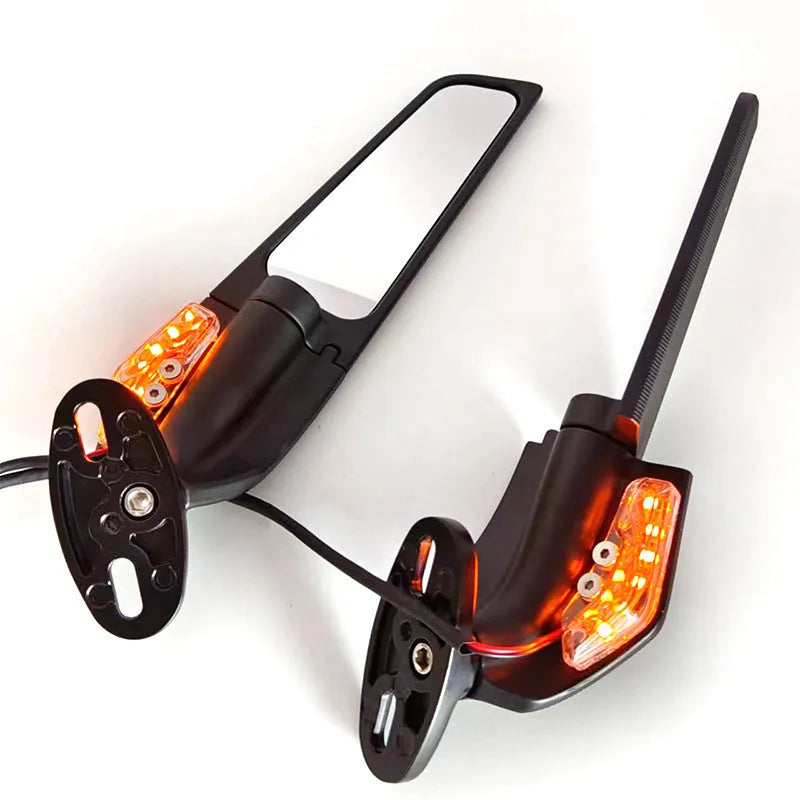 Spoiler rearview mirror for motorcycles with yellow light and convex white glass lens, aluminium alloy die-cast body