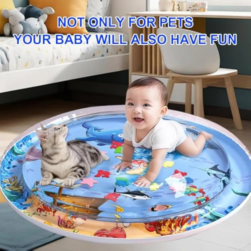Blue cat water sensory playmat with ocean fish toys floating in water, 90cm diameter circular design