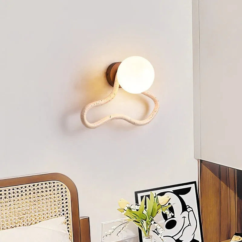 Middle Ancient style wall lamp with white travertine glass shade and solid wood base.