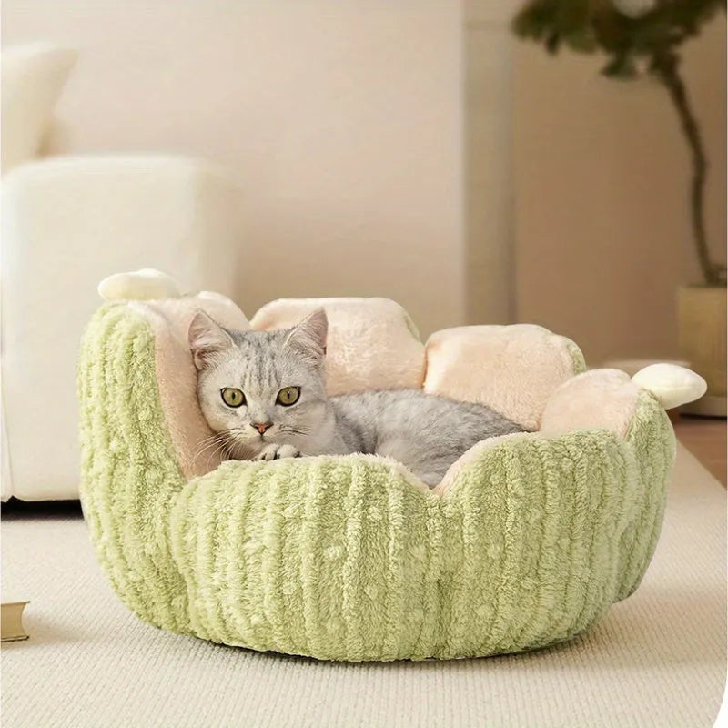 Soft cactus design cat litter kennel in purple and green colours showing large and small size options