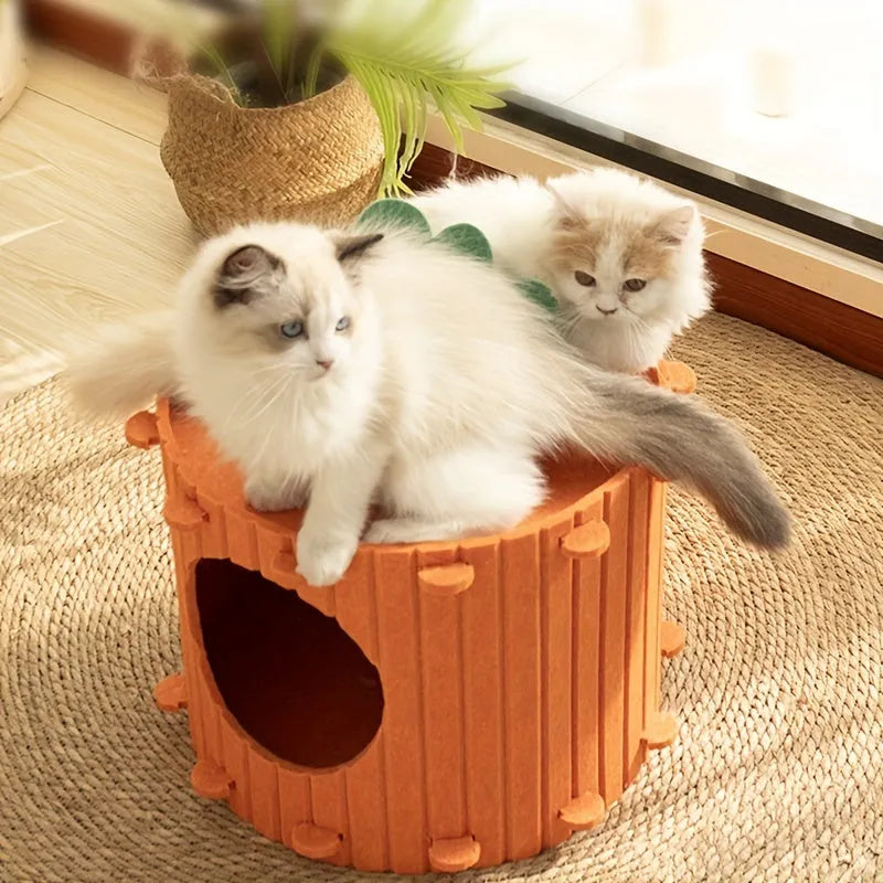 Orange carrot-shaped felt cat nest tunnel with a semi-enclosed opening, shown next to a measuring tape indicating 40cm length.