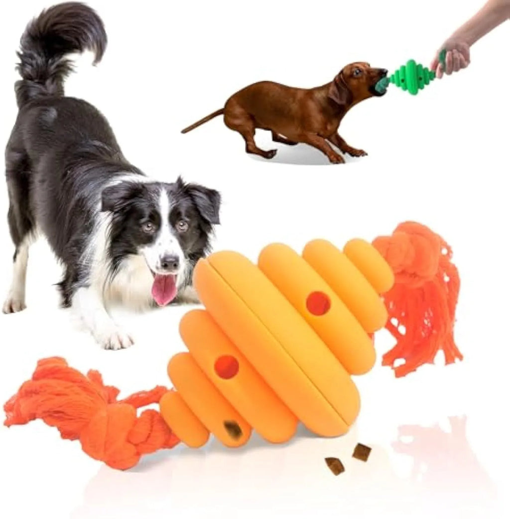 Green and yellow dog ball with rope toy, food dispenser design for large dogs, 12cm size