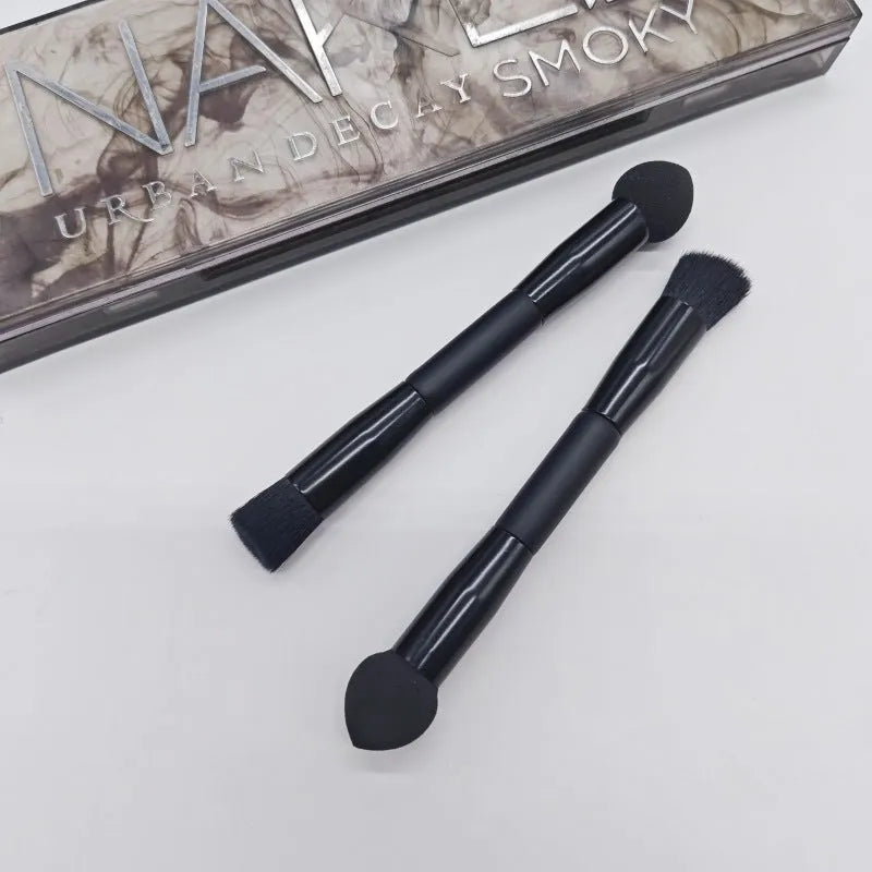 Double-headed miter sponge concealer brush with black wooden handle