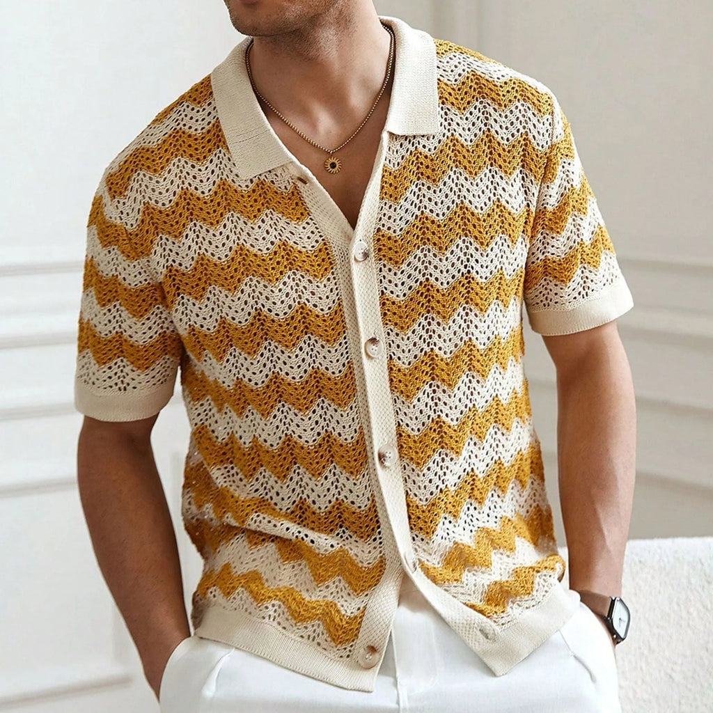 American-style hollow jacquard corrugated sweater with flocking detail in blue, showing short sleeves and textured fabric