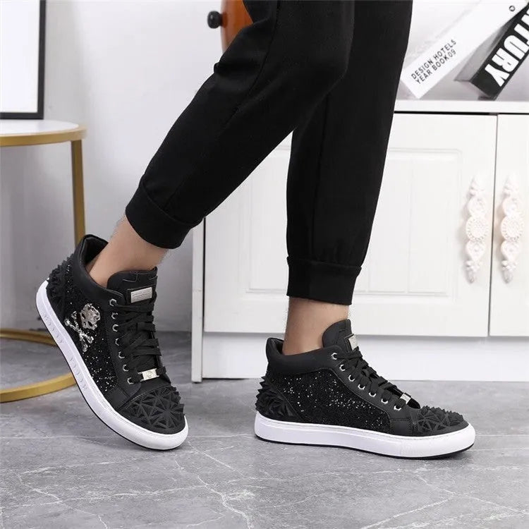 Men's black high-top skeleton shoes with genuine leather uppers and perforated design for breathability