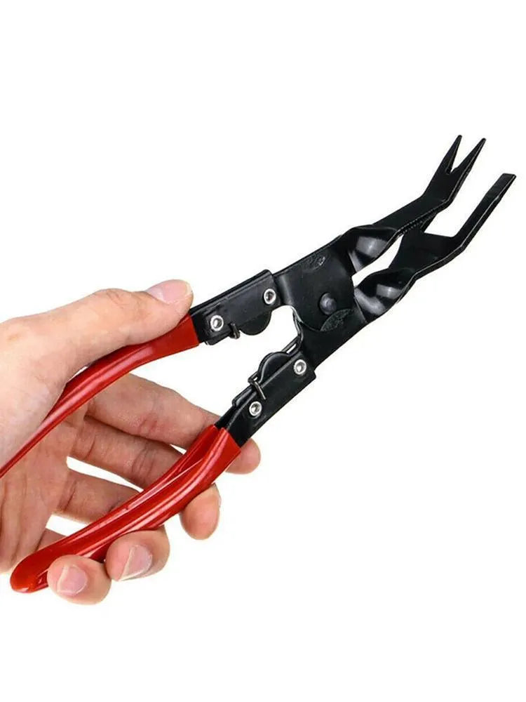 Blue steel car interior clip removal pliers showing 235mm length and 32mm working head