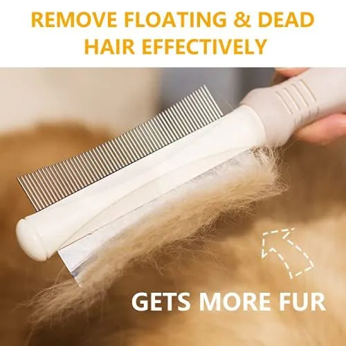 White 2 in 1 dog cat deshedding brush with curved comb design and anti-slip handle for pet grooming