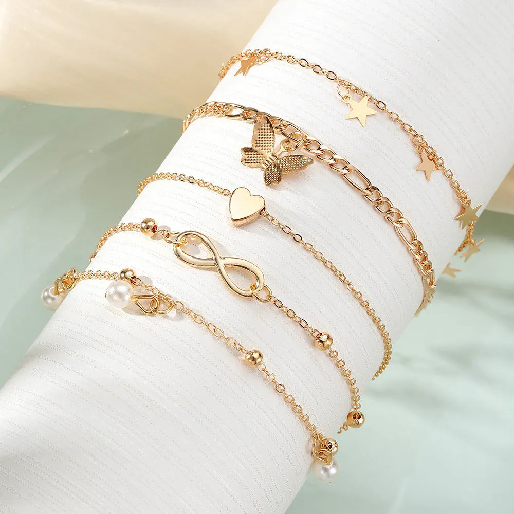 Butterfly pearl heart anklet 4-piece set for women in simple alloy design