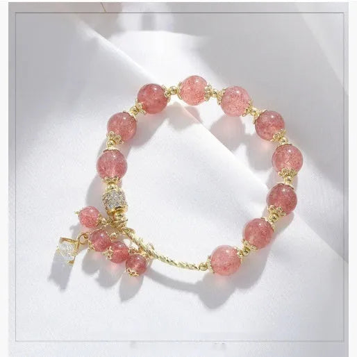 Pink strawberry quartz crystal heart bracelet with pearl beads for women