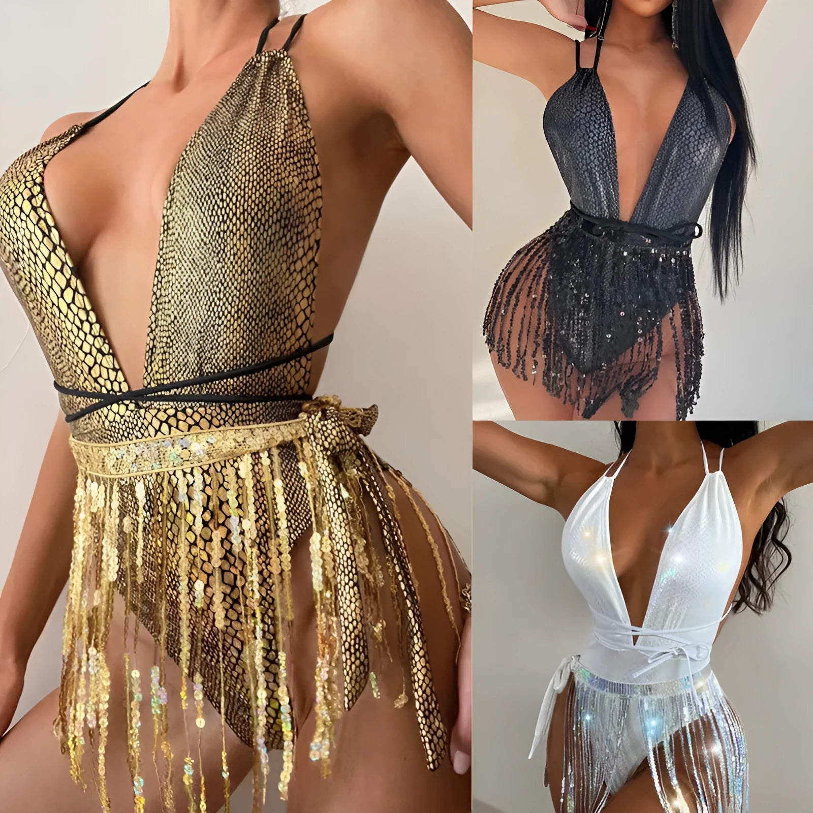 Backless one-piece swimsuit in gold colour, showing spandex construction and sleek fit.