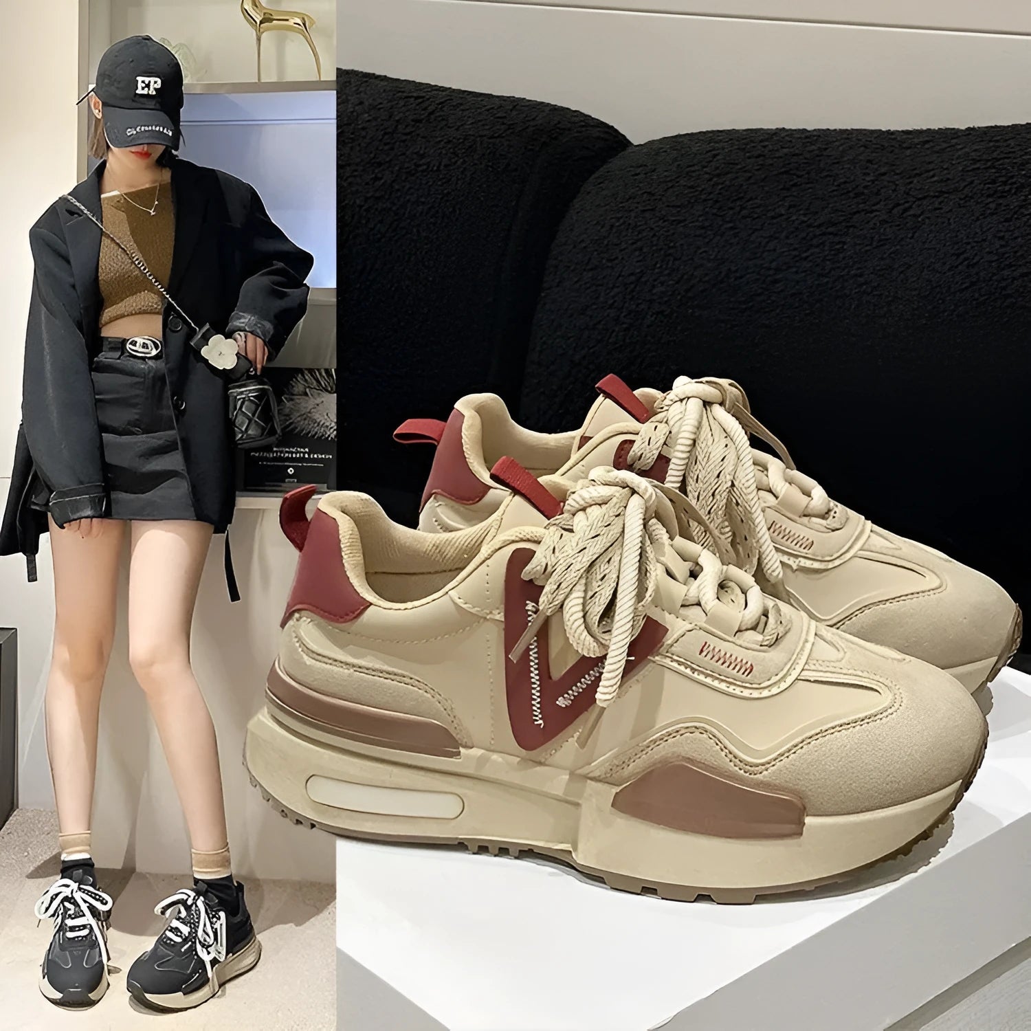 Women's black retro platform sports shoes with round toe and front lace-up design.