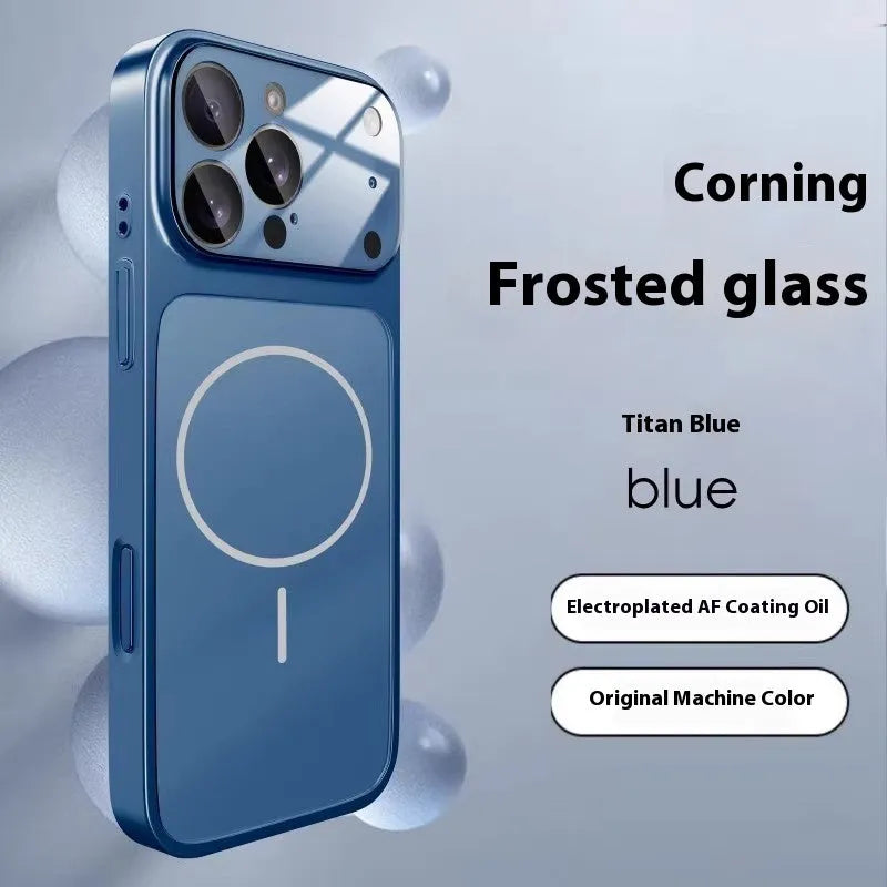 Orange frosted tempered glass phone case with magnetic feature for iPhone protection.