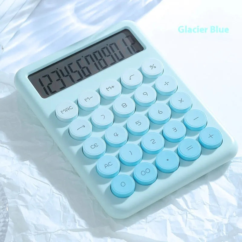 Dopamine gradient colour desk calculator in violet, cherry blossom powder, glacier blue, mint green on a desk