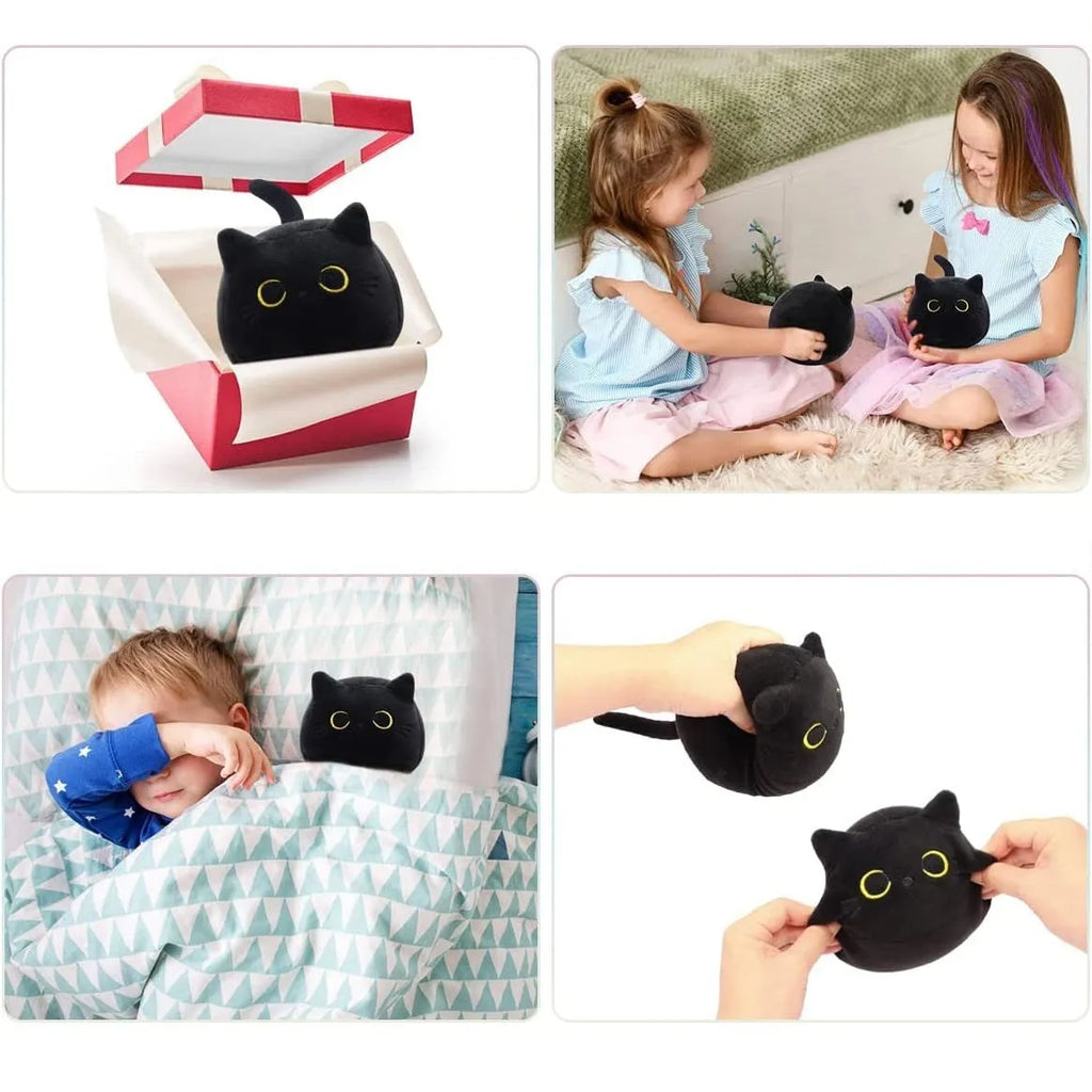 Fluffy black cat plush toy with soft texture, shown as a decorative cushion