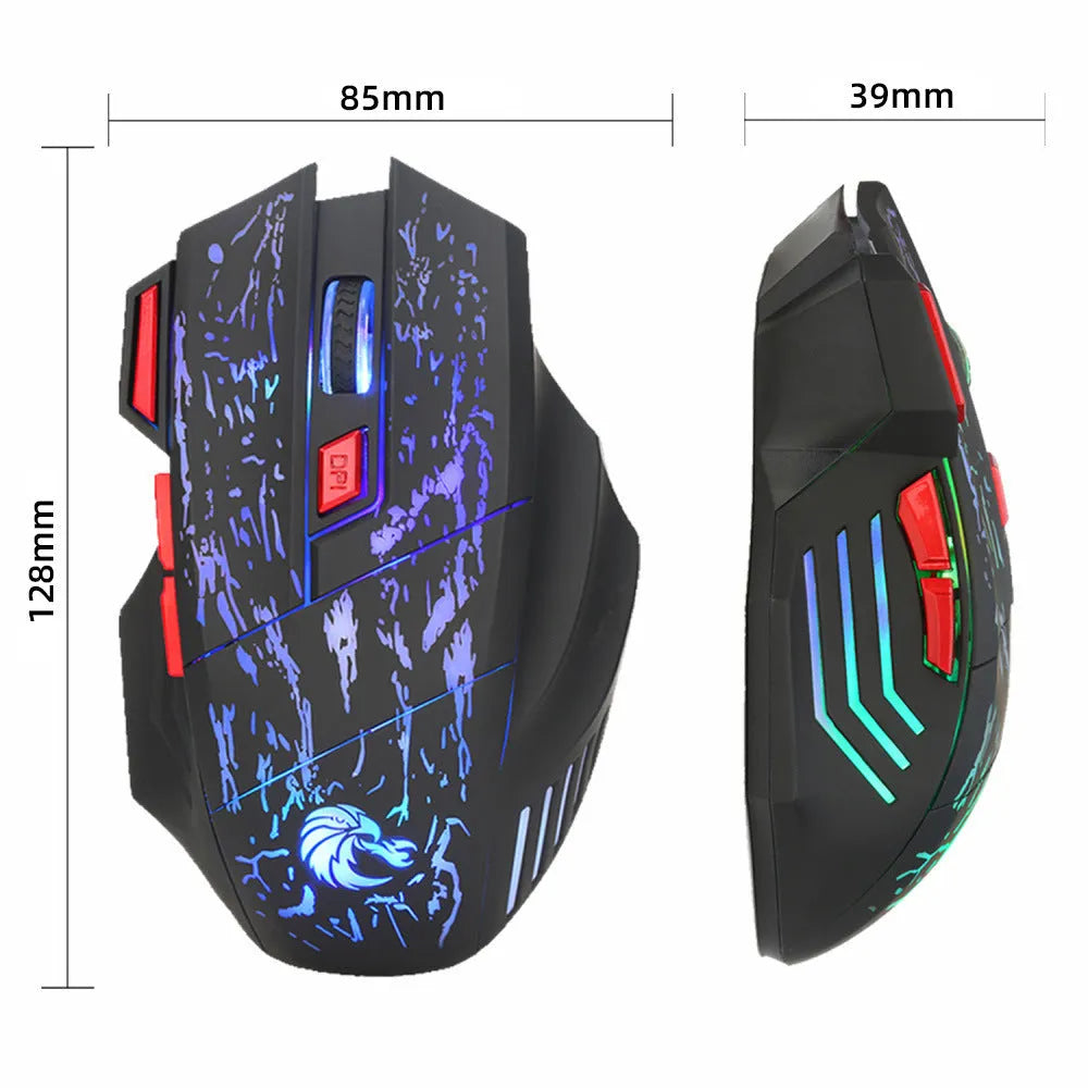 Water crack colourful luminous gaming mouse with USB cable on desktop surface