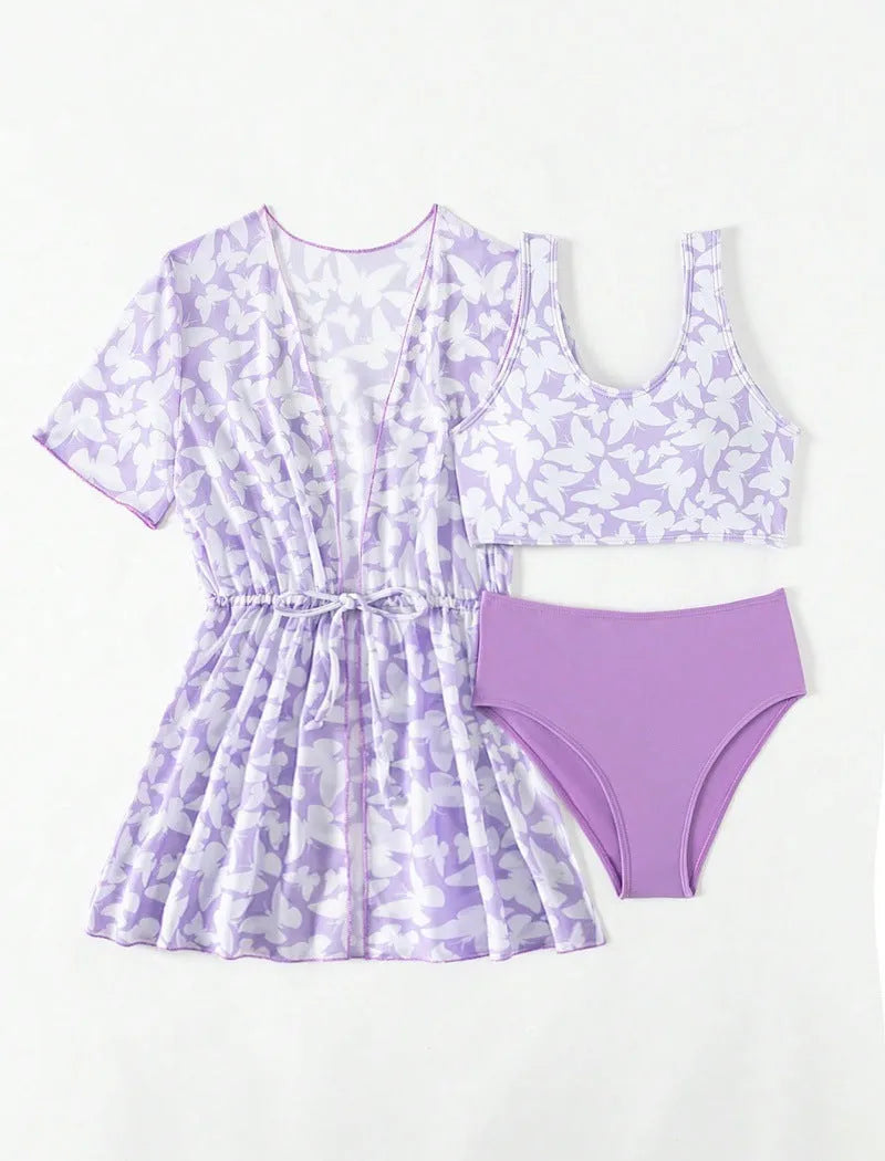 Girls three-piece polyester swimsuit set with coat, vest, and pants in colour 3218