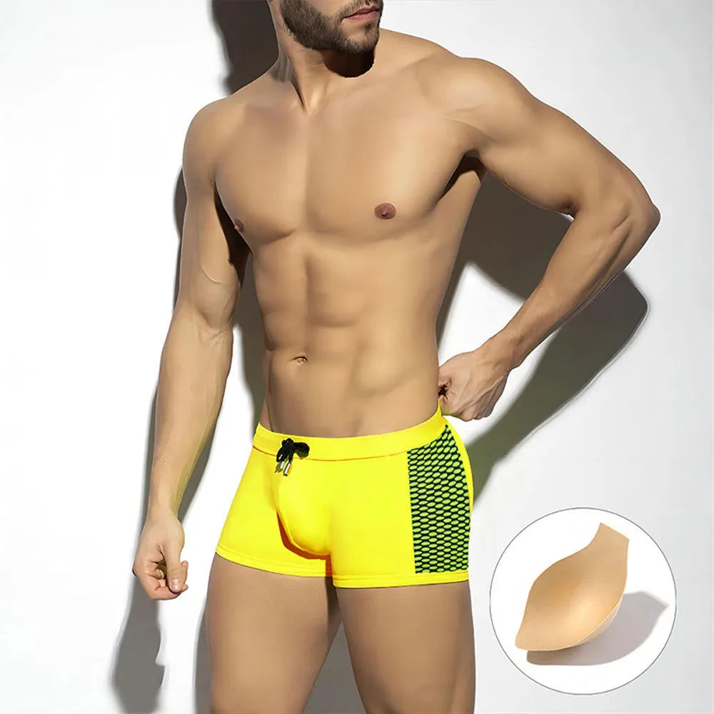 Men's polka dot print swimming boxers in black, dark blue, and yellow, with quick-dry nylon fabric
