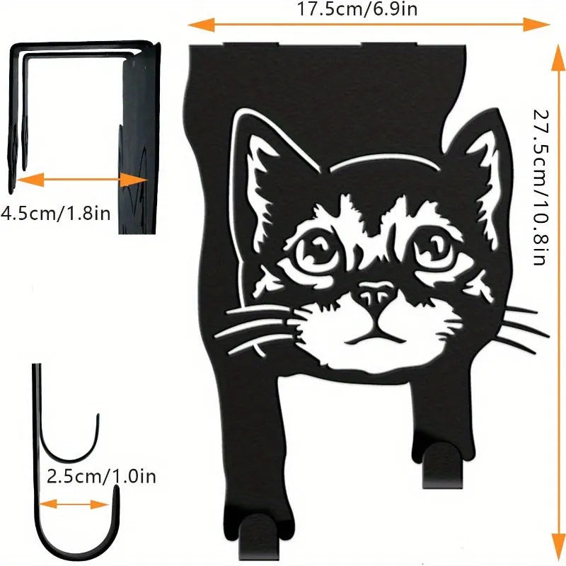 Black iron cat-shaped wall hook with punch-free mounting for doors and walls