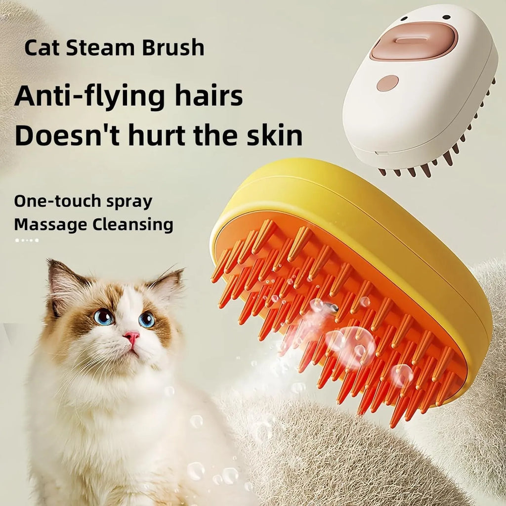 White or yellow Cat Steam Brush with silicone teeth and rechargeable spray for grooming dogs and cats