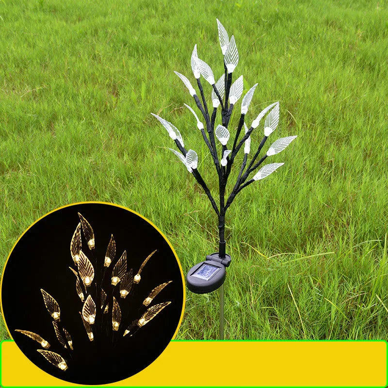 Set of three solar-powered leaf-shaped branch lights for garden decoration, 73cm long.