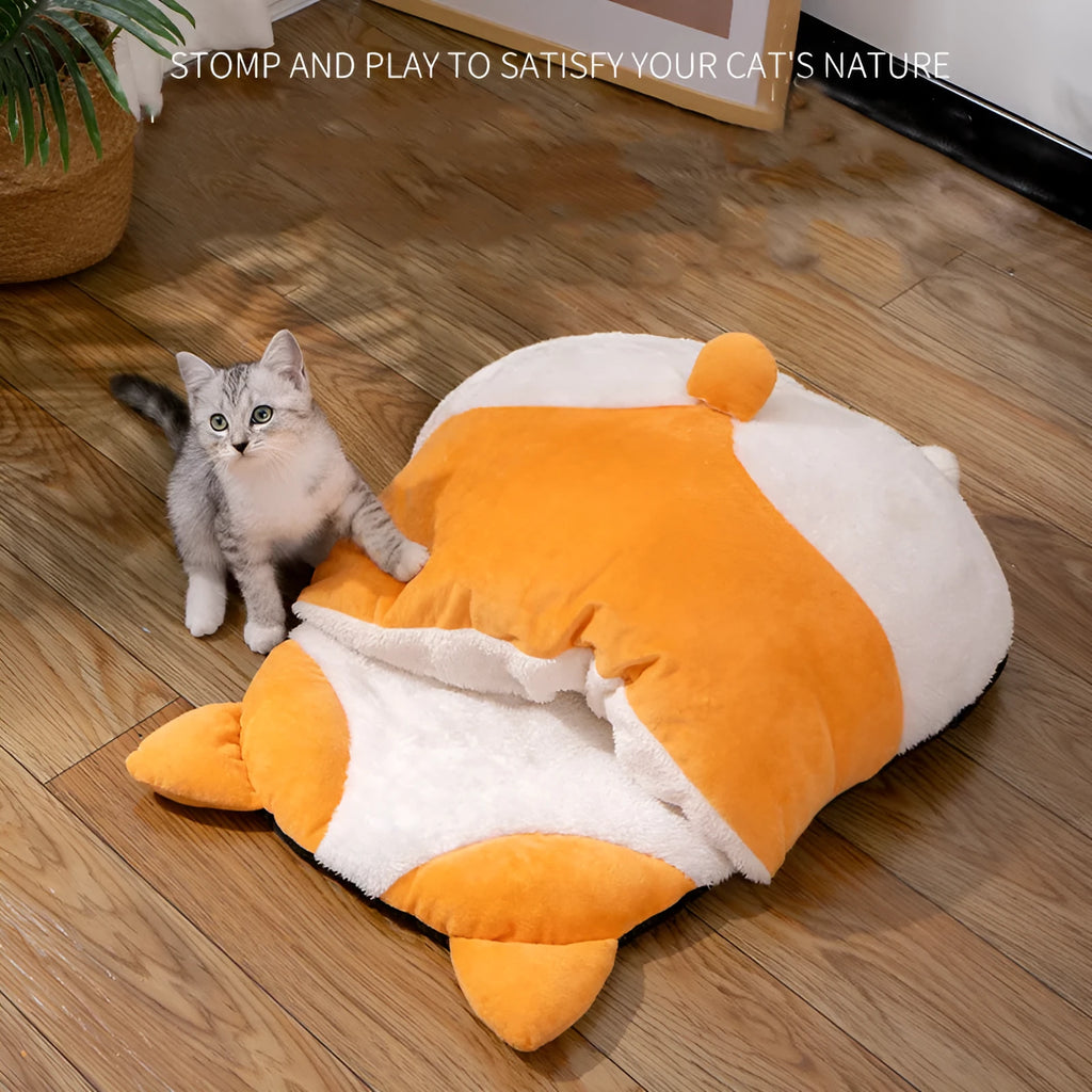 Orange semi-closed cat sleeping bag measuring 65cm x 53cm