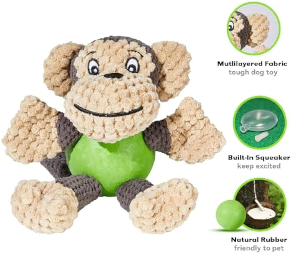 Red and tan plush monkey dog toy with squeaker, shown with a small dog.