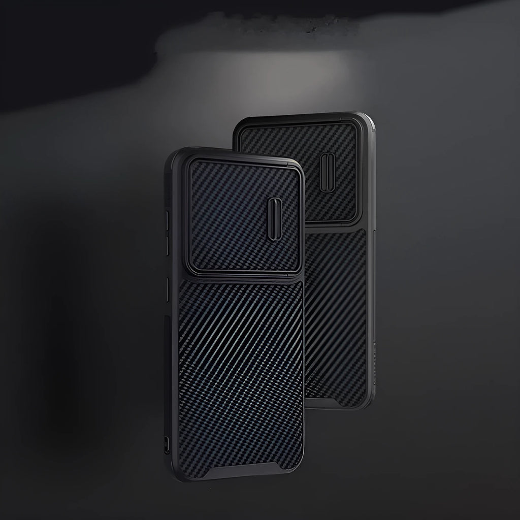 Black Samsung S23 Ultra mobile phone case with lens push cover and carbon fibre detailing