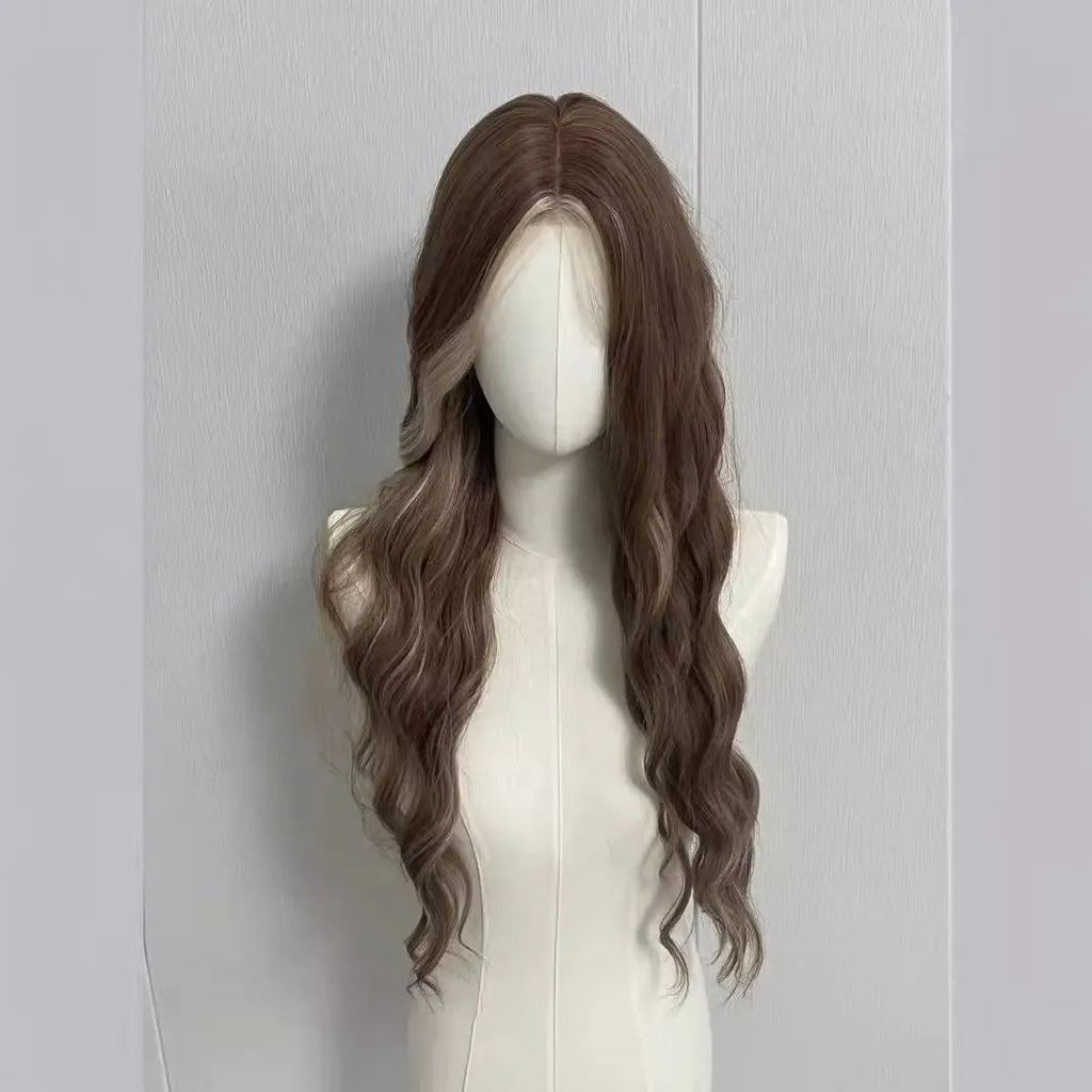 Long grey gold curly wig with lace front and golden highlights