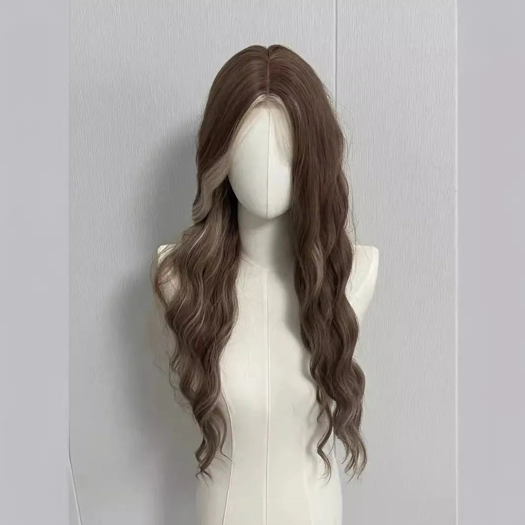 Long grey gold curly wig with lace front and golden highlights