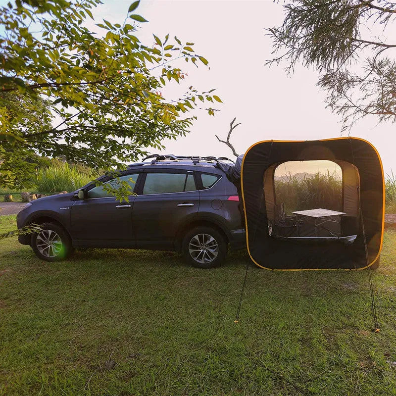 Black pop-up outdoor camping car tail tent with steel frame unfolded to 200x200x200cm dimensions
