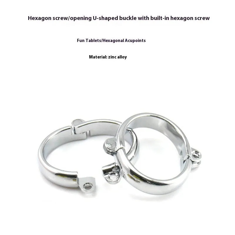 Silver zinc alloy handcuffs and footcuffs set with stainless steel chain linking on black background