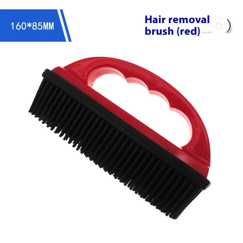 Red pet hair removal brush with silicone bristles measuring 160x85mm and ergonomic plastic handle