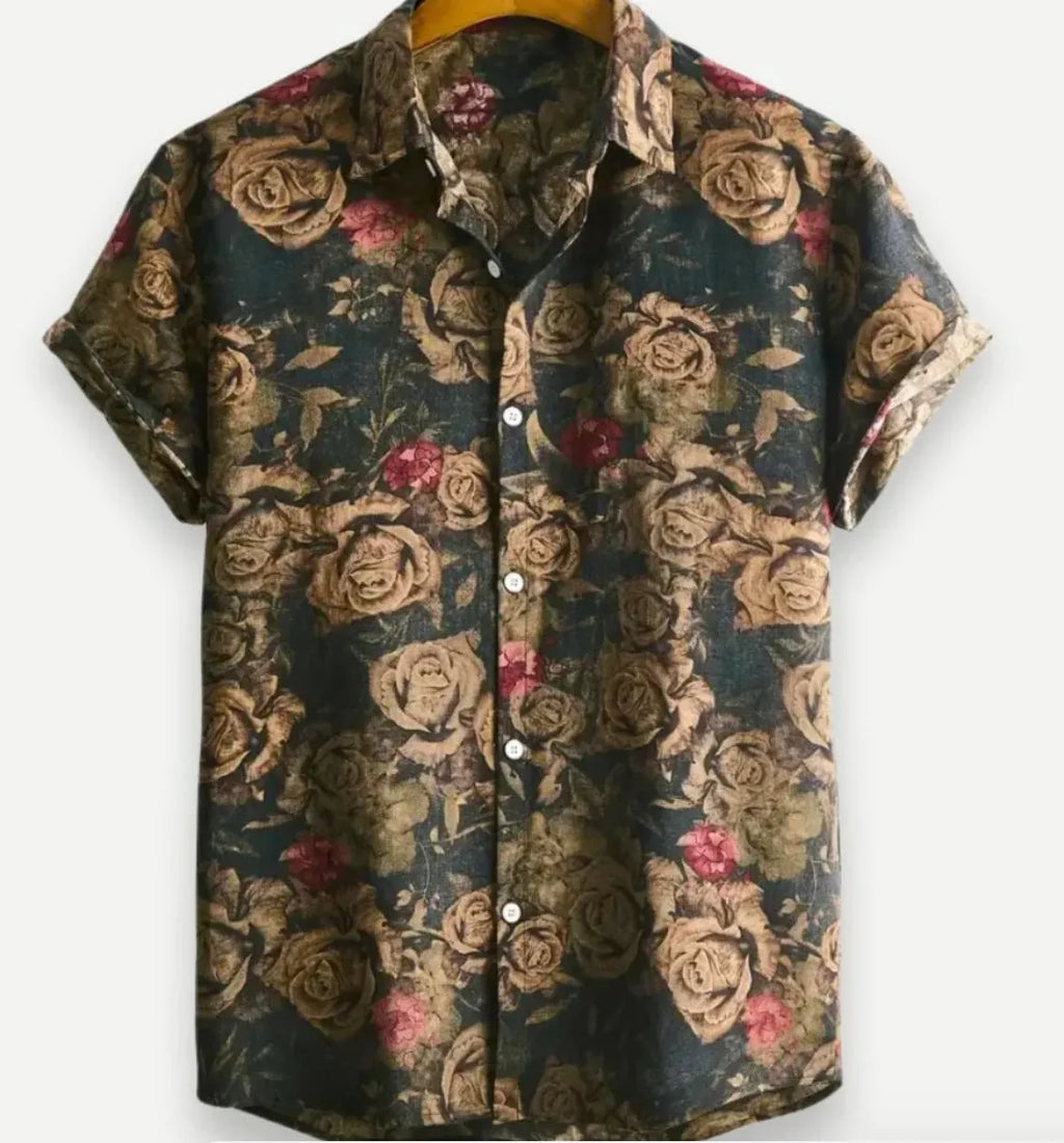 Hawaiian printing lapel short sleeve shirt with floral pattern, elastic fabric, available in multiple colours and sizes for travel wear