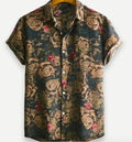 Hawaiian printing lapel short sleeve shirt with floral pattern, elastic fabric, available in multiple colours and sizes for travel wear